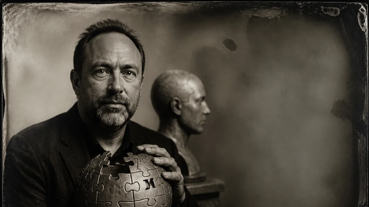 Two men in casual attire engaged in conversation with "JIMMY WALES Founder of Wikipedia" text overlay and ZME Science…