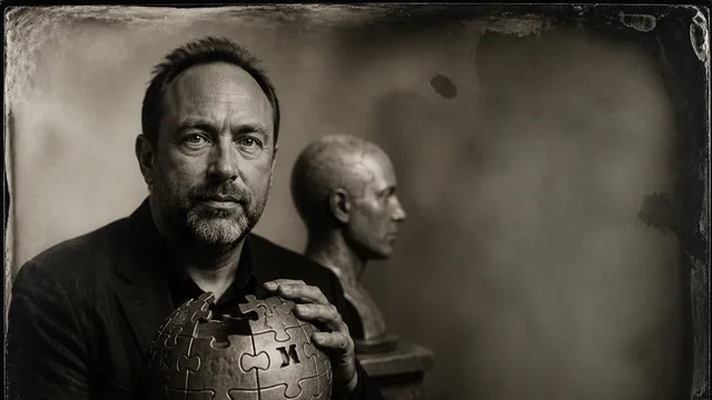 Two men in casual attire engaged in conversation with "JIMMY WALES Founder of Wikipedia" text overlay and ZME Science…