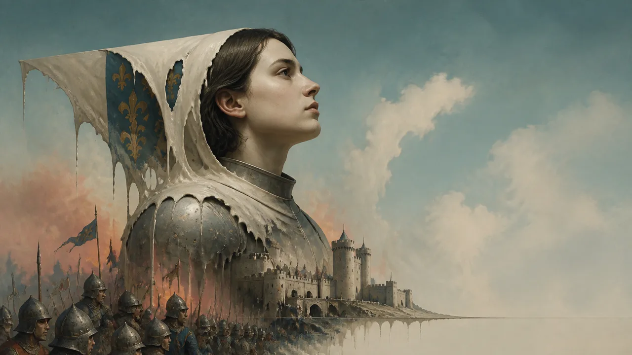 Joan of Arc in medieval armor stands beside a vast army with blue banners and soldiers stretching across a battlefield…