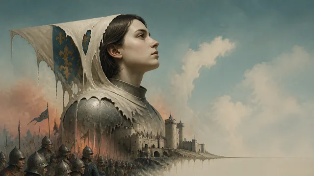 Joan of Arc in medieval armor stands beside a vast army with blue banners and soldiers stretching across a battlefield…