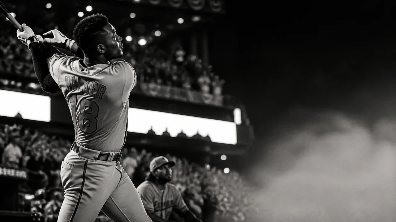 Shocked Dodgers fan in LA cap reacts in foreground while baseball player Schwarber rounds bases at Citizens Bank Park…