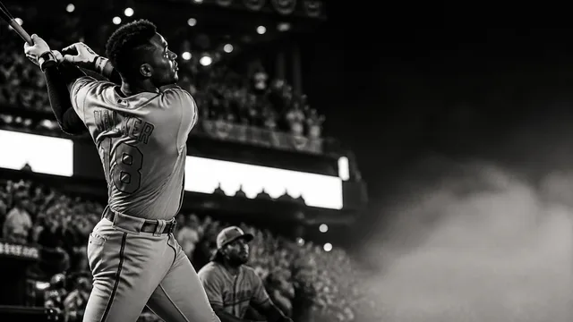 Shocked Dodgers fan in LA cap reacts in foreground while baseball player Schwarber rounds bases at Citizens Bank Park…