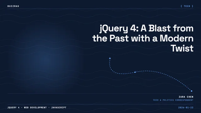 Elderly woman with glasses looking surprised, with jQuery 4 logo and text on black background
