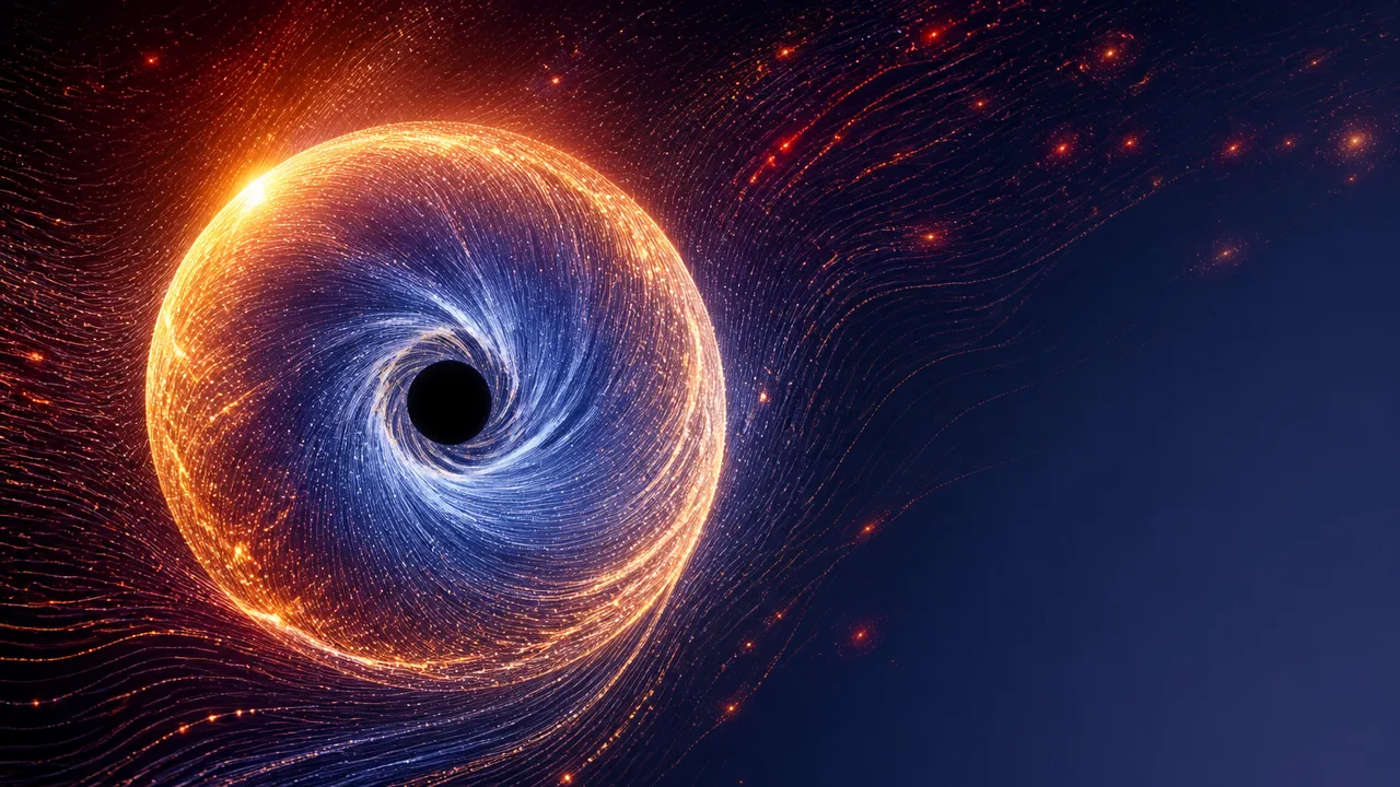 A black silhouette surrounded by glowing red and orange cosmic gas clouds against a starry background, with PBS logo in…
