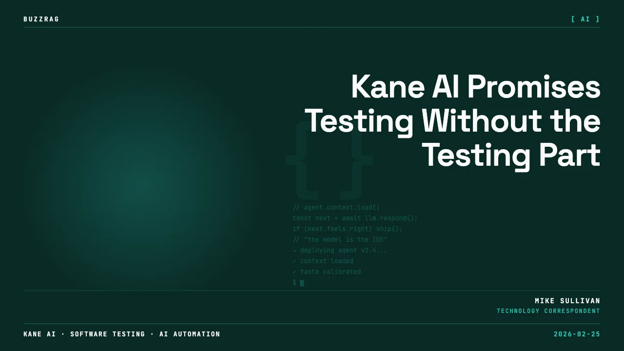 A presenter on stage introduces Kane AI with a futuristic white robot head featuring glowing purple eyes displayed on a…
