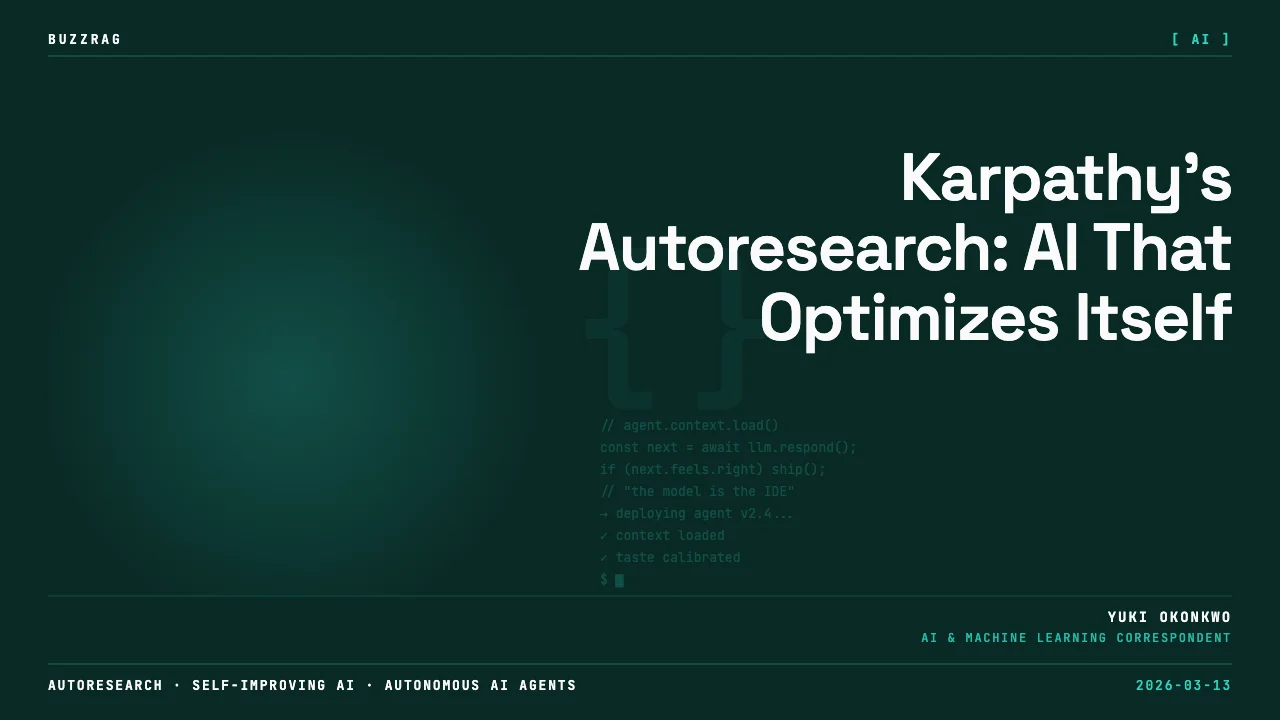 Man holding microphone next to project title "karpathy/autoresearch" with contributor and discussion metrics displayed