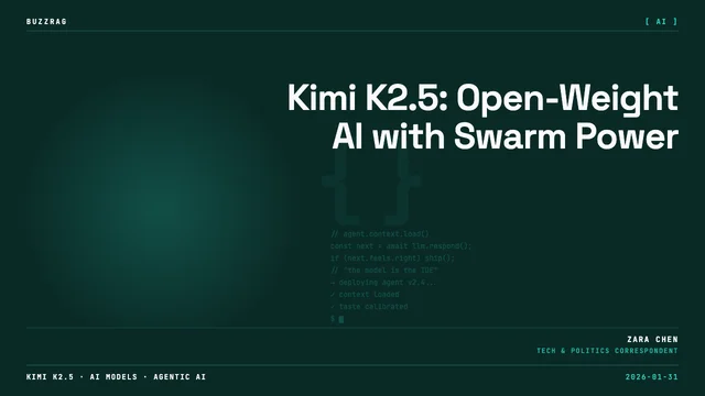 Bold yellow "SWARM" banner with white "KIMI" text above it, alongside play button and chat interface icons on dark background