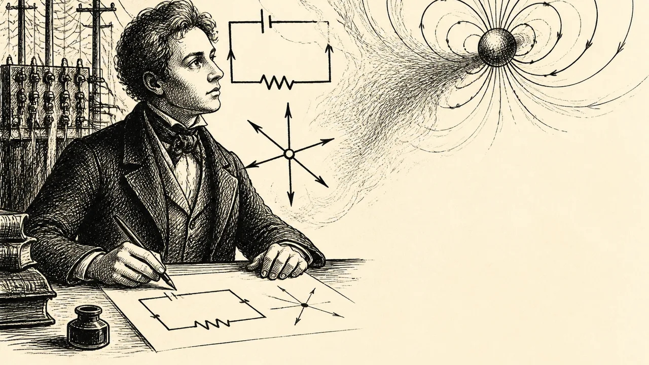Portrait of Gustav Kirchhoff beside “Kirchhoff’s Laws” text and a glowing parallel circuit diagram