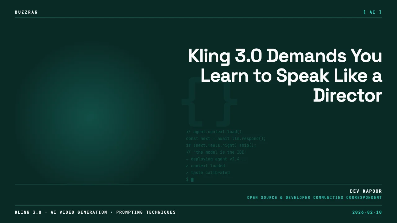 Glowing teal portal with small character figures below text reading "Kling is Kïng (again)" against a dramatic cloudy…