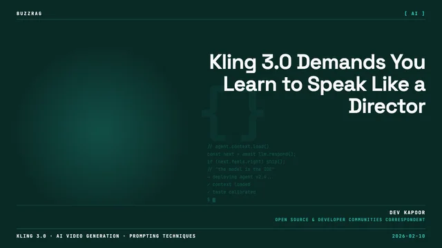 Glowing teal portal with small character figures below text reading "Kling is Kïng (again)" against a dramatic cloudy…