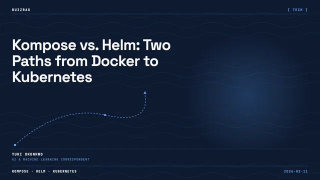 Man in glasses contemplating Docker Compose to Kubernetes conversion, with Kompose octopus icon versus Helm ship wheel logo…