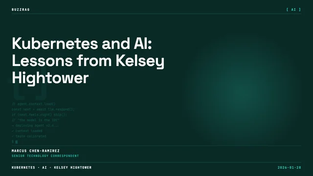 Two professionals in a split-screen interview setup discussing AI, Kubernetes, and career, with text indicating one retired…
