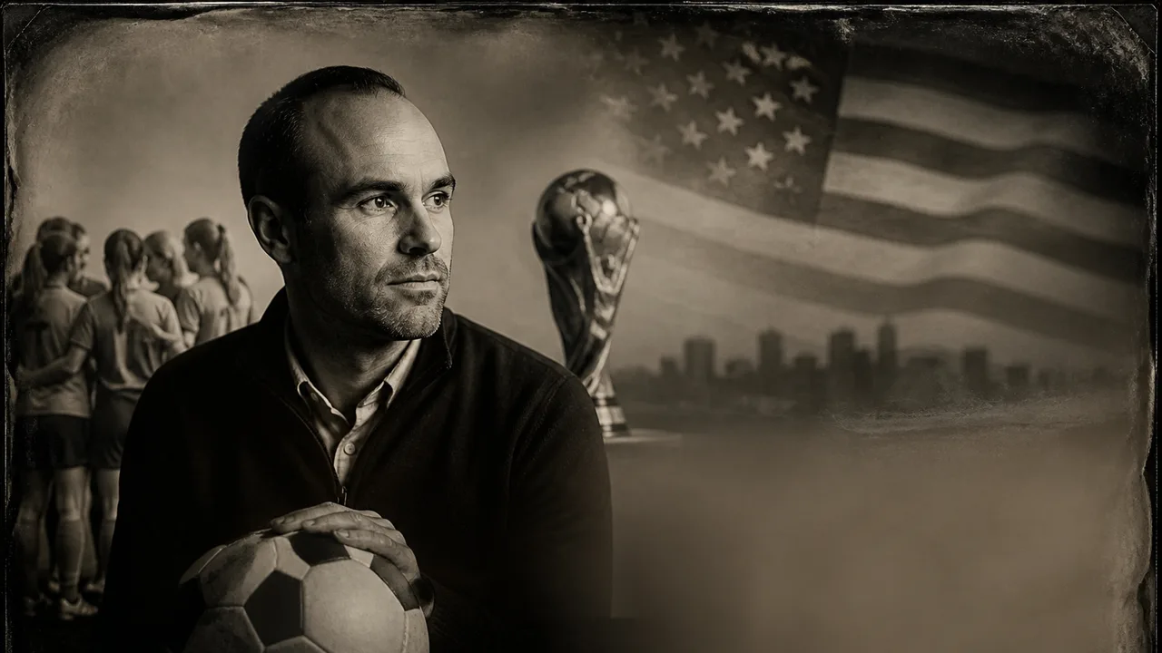 Man speaking at microphone beside athlete holding American flag, promoting discussion on US soccer business and development