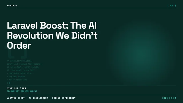 Dark background with "Boost" and "Laravel supercharged with AI" text on left, purple 3D geometric logo with nested squares…