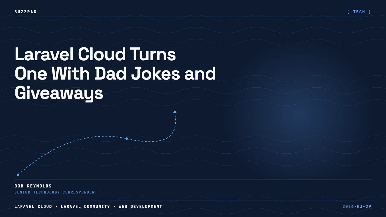 Laravel Cloud logo and branding on a blue gradient background with white text celebrating the platform's first anniversary…