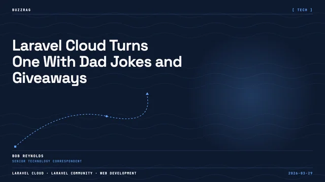 Laravel Cloud logo and branding on a blue gradient background with white text celebrating the platform's first anniversary…