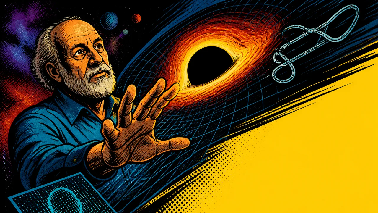 Two men in conversation with a black hole illustration and "Searching for the True Nature of Reality" text overlay, World…