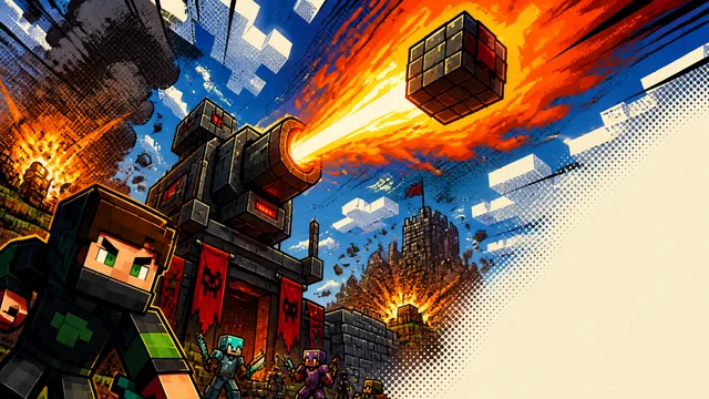 Minecraft player in blue armor wielding diamond sword faces massive glowing laser beam destroying landscape filled with…