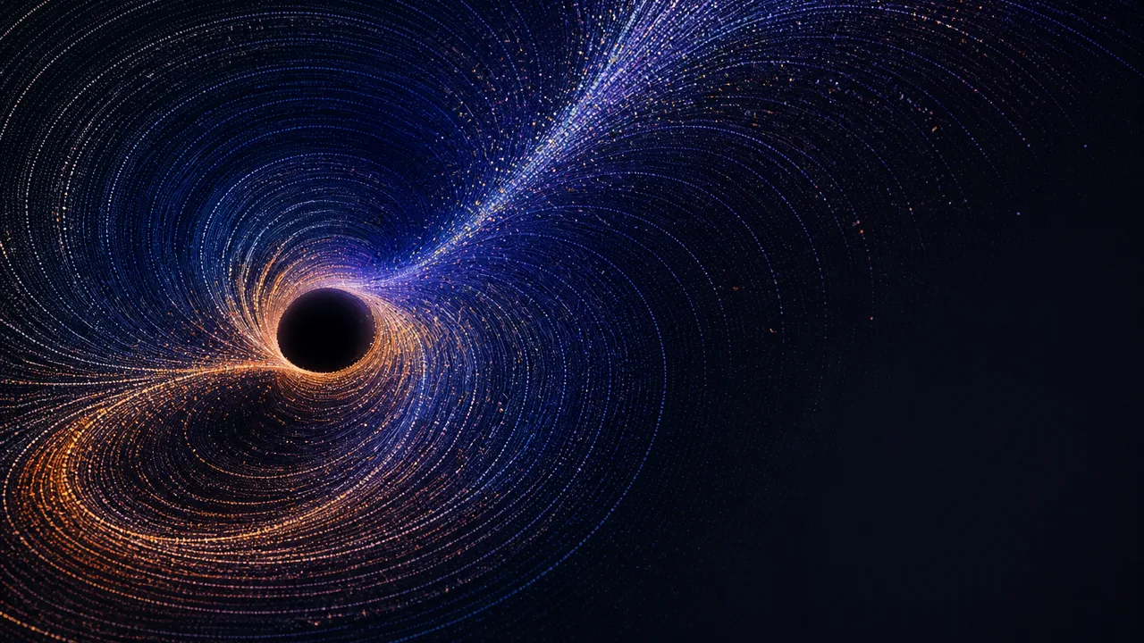 A black sphere distorts a glowing cyan and blue grid representing spacetime curvature, with "IMPOSSIBLE BLACK HOLE?" text…