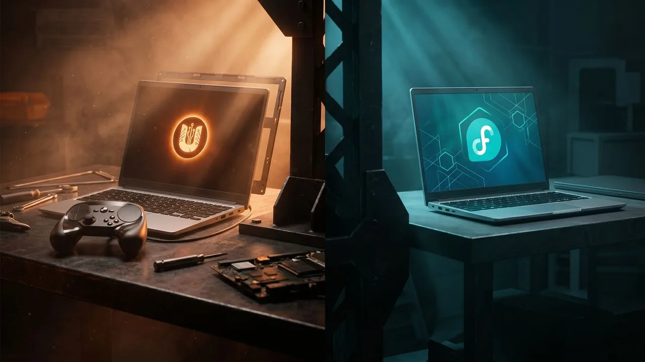 Split-screen layout showing Fedora 44 and Ubuntu 26.04 logos alongside an open laptop's internal components and "This Week…
