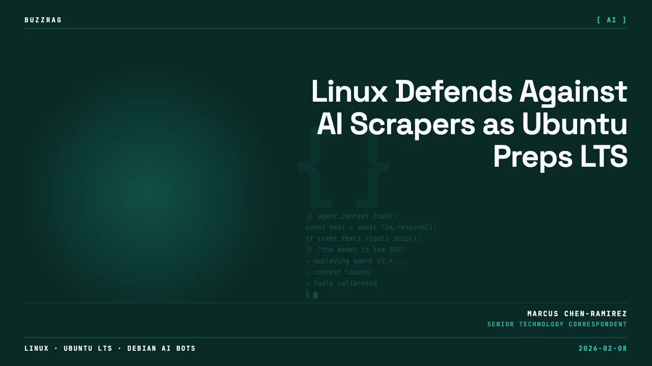 Four colorful quadrants displaying Ubuntu 7.0 with Linux, LibreOffice branding, Debian fighting AI Bots, and This Week in…