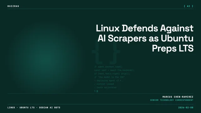 Four colorful quadrants displaying Ubuntu 7.0 with Linux, LibreOffice branding, Debian fighting AI Bots, and This Week in…