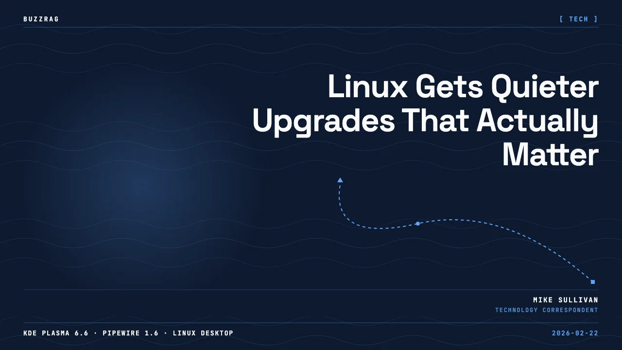 Linux news roundup featuring Asahi Linux, KDE Plasma 6.6, and Lutris Game Manager logos on split colored backgrounds