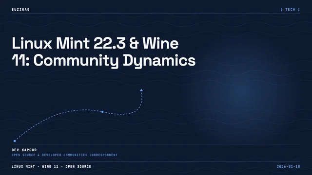 Four colorful sections displaying Wine 11.0, Linux Mint 22.3, Budgie 10.10, and This Week in Linux logos with version…