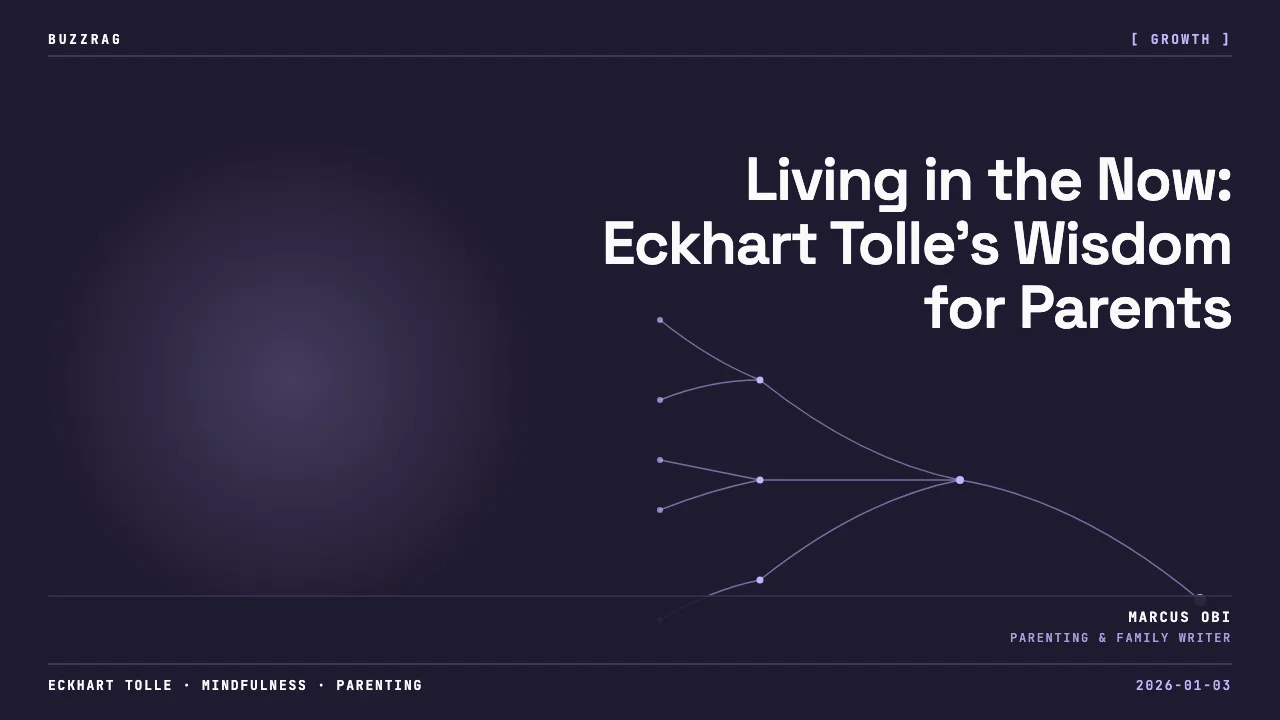 Eckhart Tolle looking thoughtfully at camera with text "BE MORE PRESENT" overlaid on black background