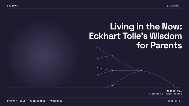Eckhart Tolle looking thoughtfully at camera with text "BE MORE PRESENT" overlaid on black background