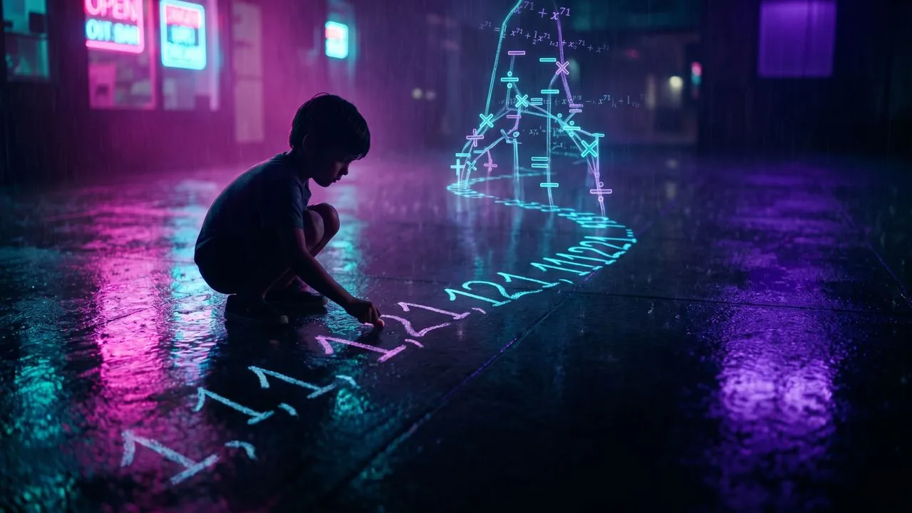 Dark background with white and pink text reading "WHAT A KID WRITES" alongside a sequence of numbers showing a mathematical…
