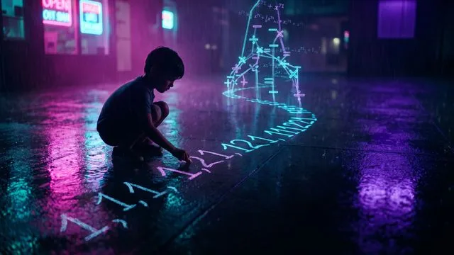 Dark background with white and pink text reading "WHAT A KID WRITES" alongside a sequence of numbers showing a mathematical…
