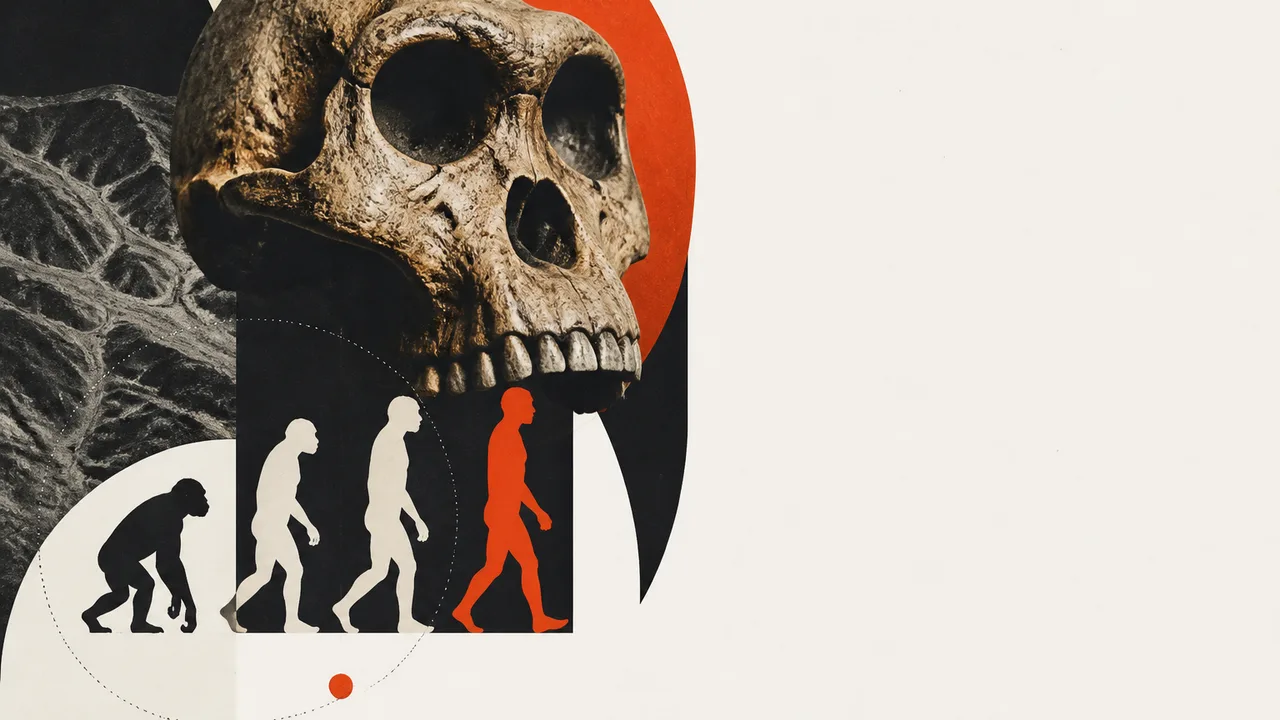 An ape and primitive human on a blurred evolutionary timeline with a question mark, captioned "WE WERE WRONG