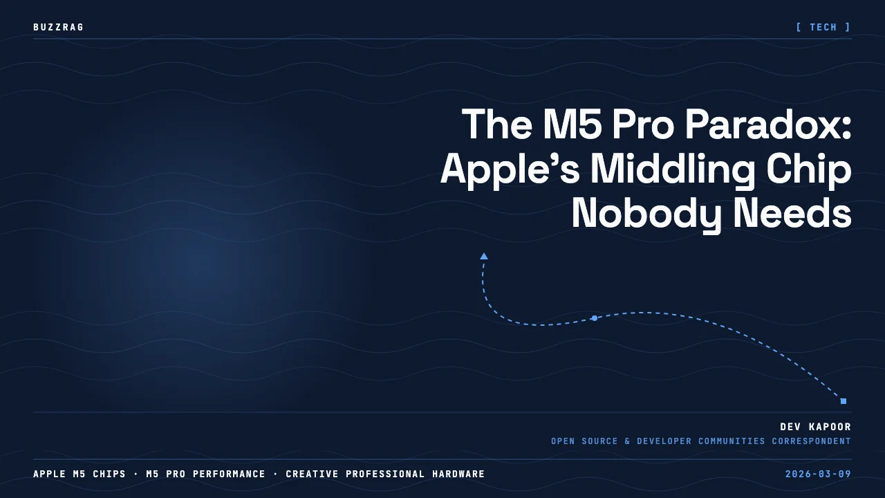 Three Apple M5 chip variants displayed with Procreate, Blender, and Curve design software logos below against a black…