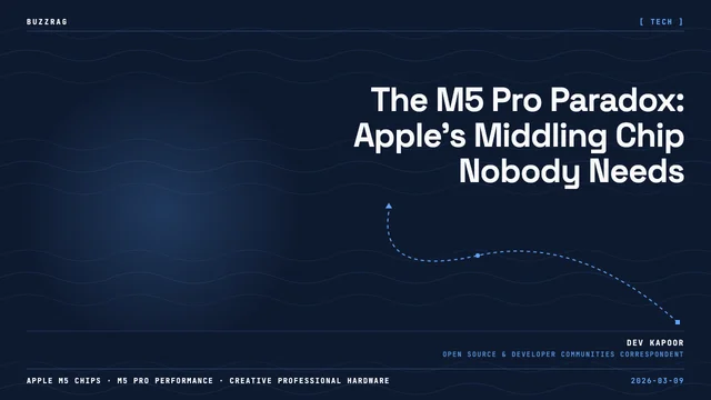 Three Apple M5 chip variants displayed with Procreate, Blender, and Curve design software logos below against a black…