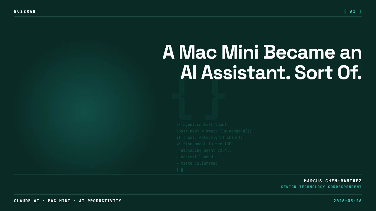 A retro-styled Mac mini displayed alongside a smartphone showing Claude AI interface, with a decorative fan and keyboard on…