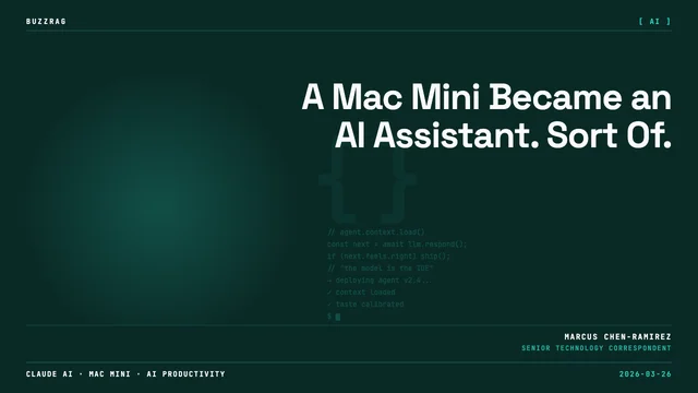 A retro-styled Mac mini displayed alongside a smartphone showing Claude AI interface, with a decorative fan and keyboard on…