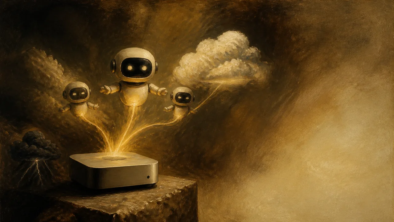 Man holding Mac Mini with "DON'T BUY A MAC" text and glowing server cloud graphic comparing computing options