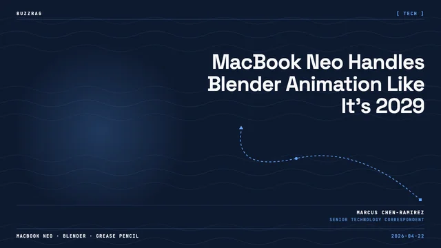 MacBook displaying Blender's Grease Pencil with animated character scene, A18 Pro chip logo, and Blender icon overlay