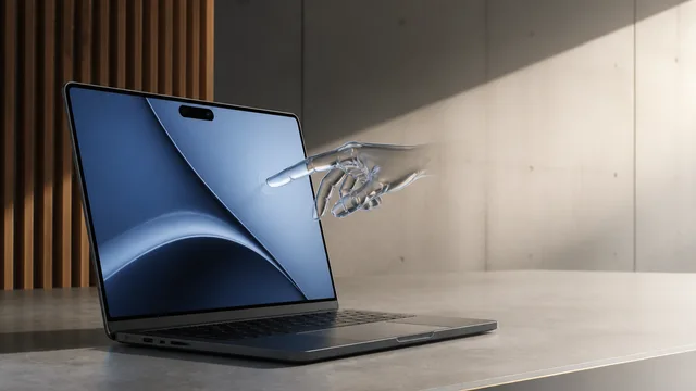 A hand touches a glowing MacBook Pro displaying macOS against a purple-blue gradient background, with an M6 chip graphic…