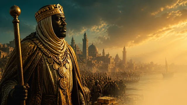 A crowned figure in gold robes scatters coins in a marketplace while surrounding people react with shock and concern.