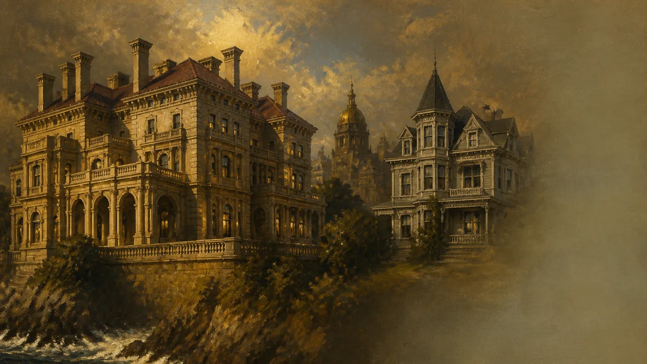 A grand Victorian mansion with ornate stone architecture and multiple peaked roofs, illuminated in golden light against a…