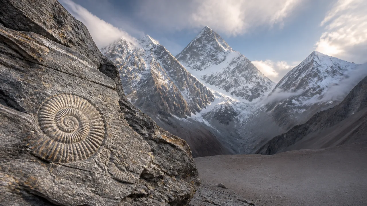 A character with googly eyes in a brown cap stands before a snow-capped mountain, with "OCEAN FOSSILS ON MT. EVEREST?!"…