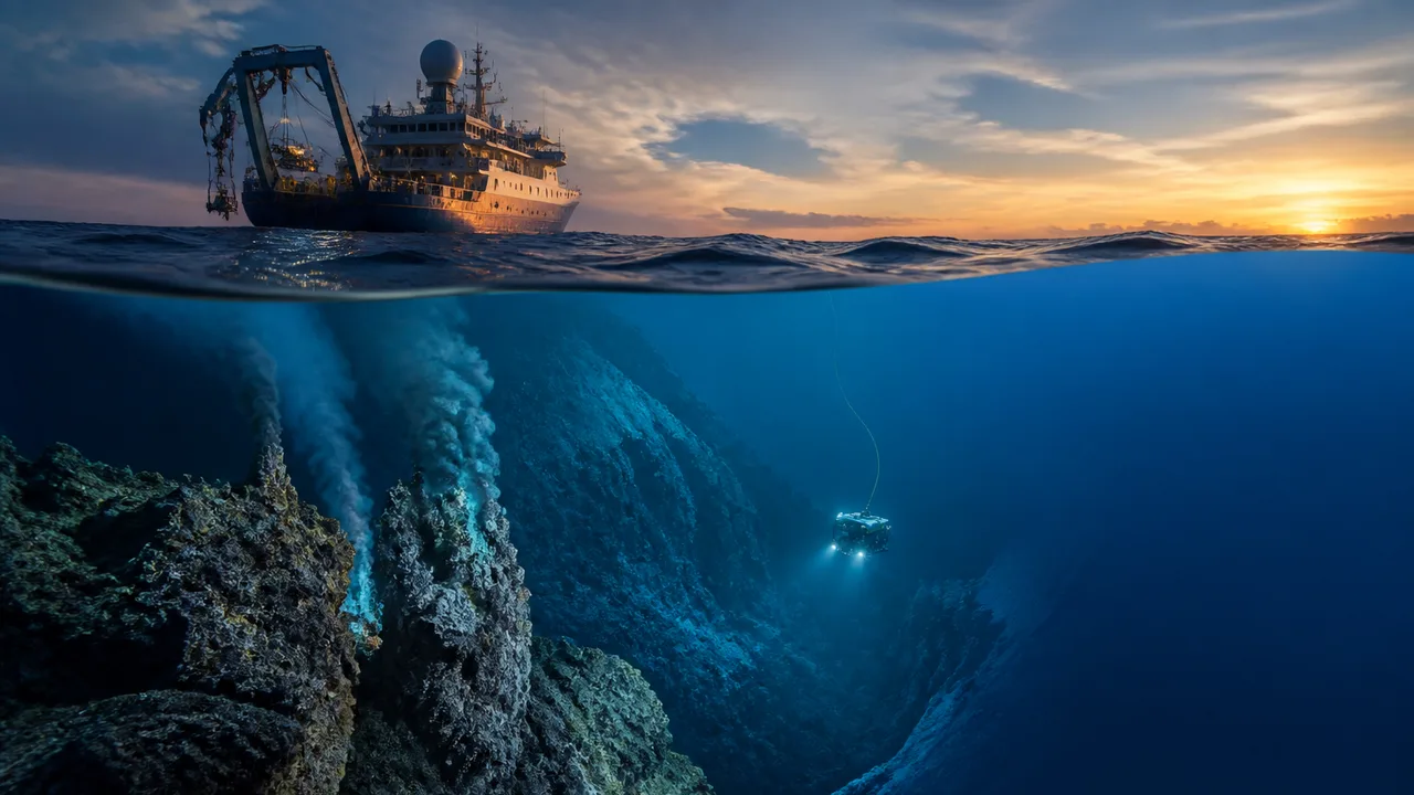 Submersible exploring the Mariana Trench wreckage site in deep ocean darkness with yellow title text above