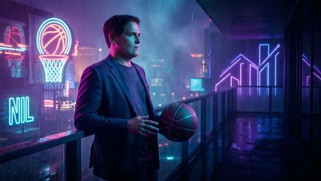 Mark Cuban speaking at a microphone beside a photo of NBA players celebrating, with text overlay about NBA ownership and…