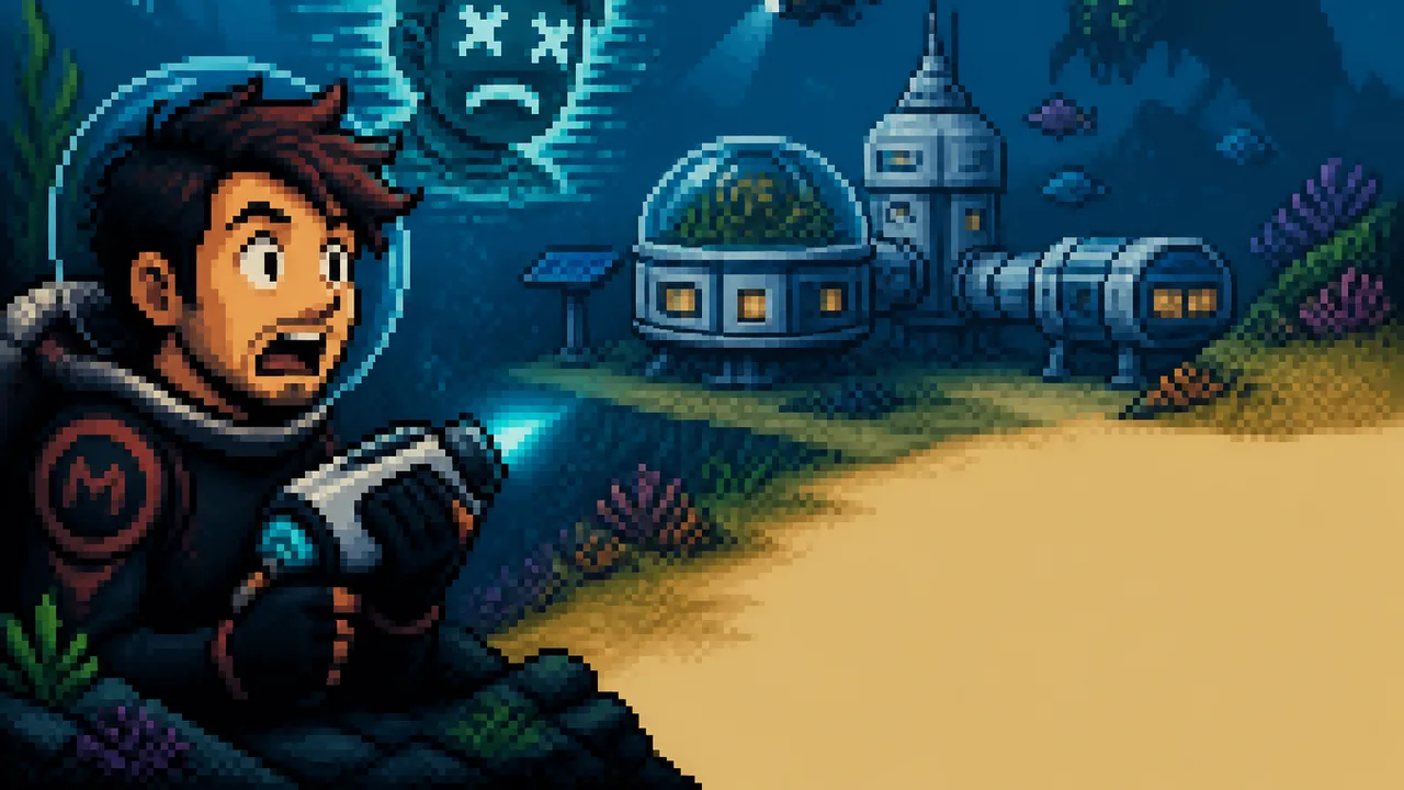 Excited player in diving suit gestures toward glowing alien creature against dark underwater backdrop with "SUBNAUTICA 2"…