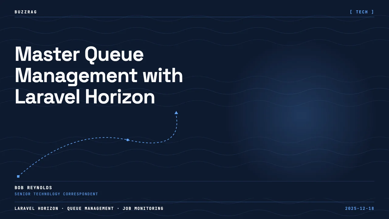 Purple 3D box with eye logo and text "Horizon," "Beautiful queue monitoring," and "Laravel" on dark background