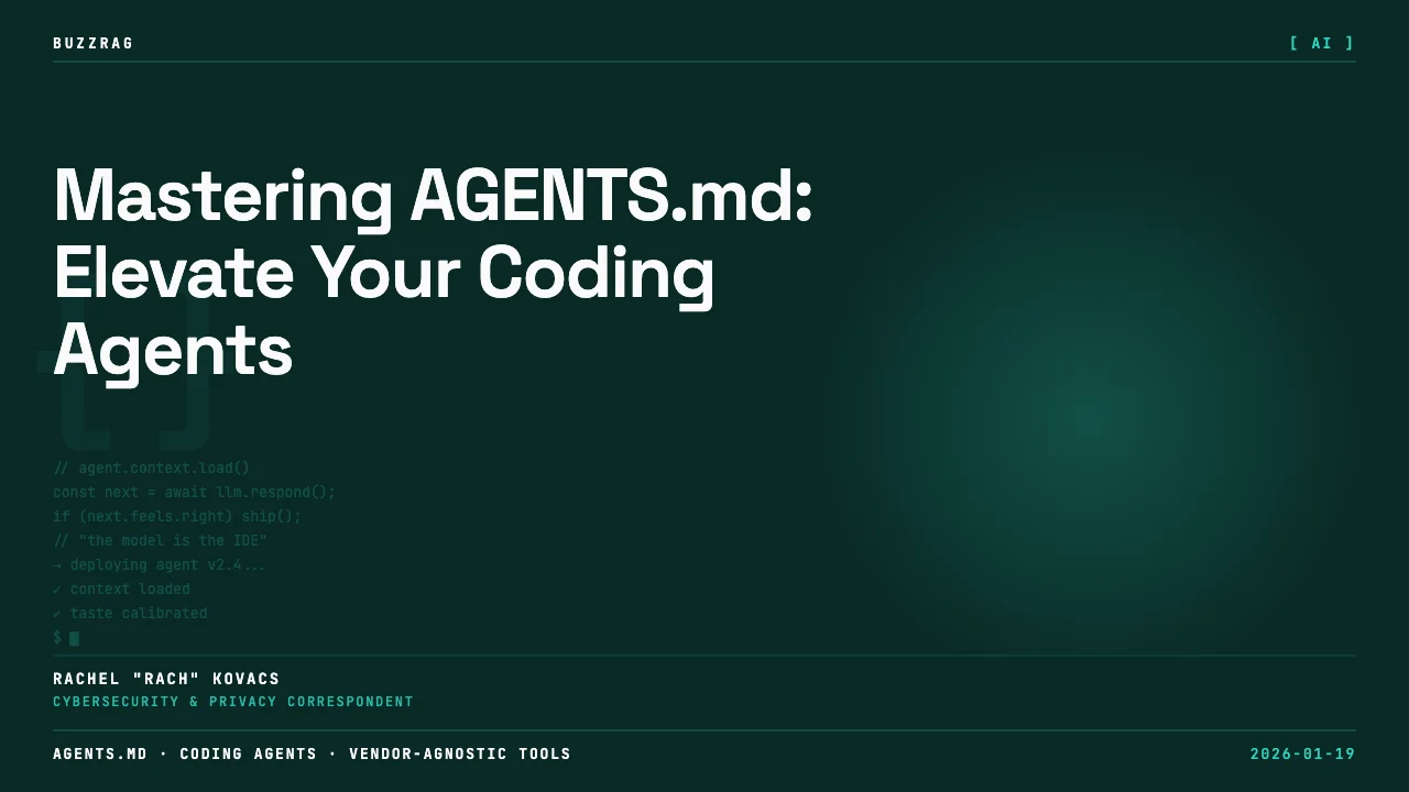 Developer pointing at code editor displaying AGENTS.md documentation with best practices guide on dark-themed interface