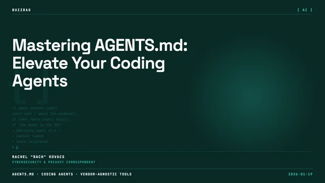 Developer pointing at code editor displaying AGENTS.md documentation with best practices guide on dark-themed interface
