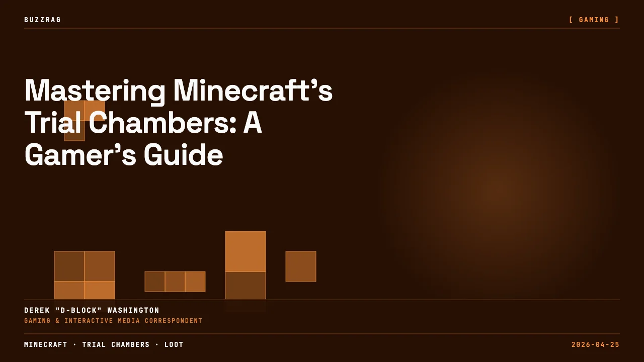 Two Minecraft characters stand in a brick corridor with red and green blocks, with "TRIAL CHAMBER GUIDE" text displayed above